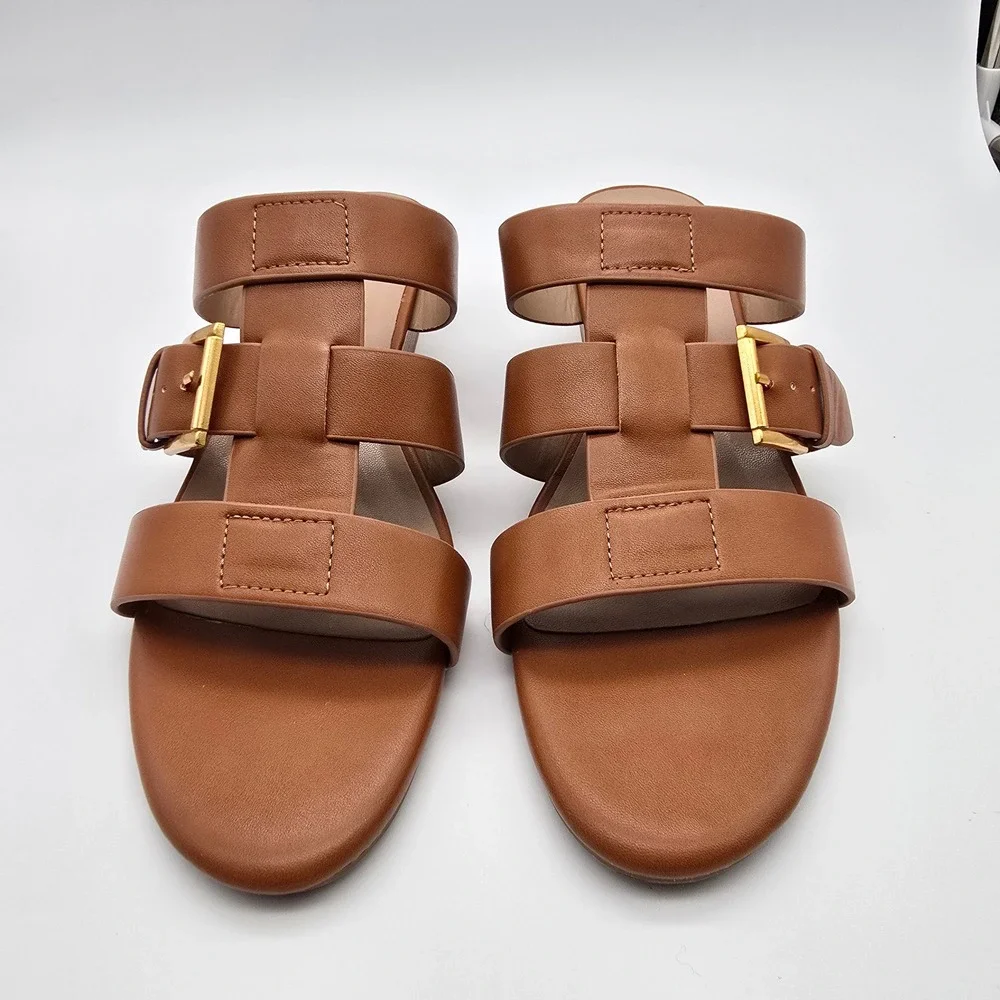 Aerosoles Borri Tan Brown Leather Wedge Slide Sandals Gold Buckle Womens 10